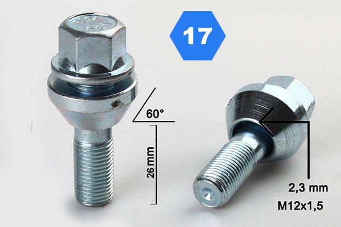 M12x1,5, Schuifbout Conisch, Draadlengte 26mm, SW 17